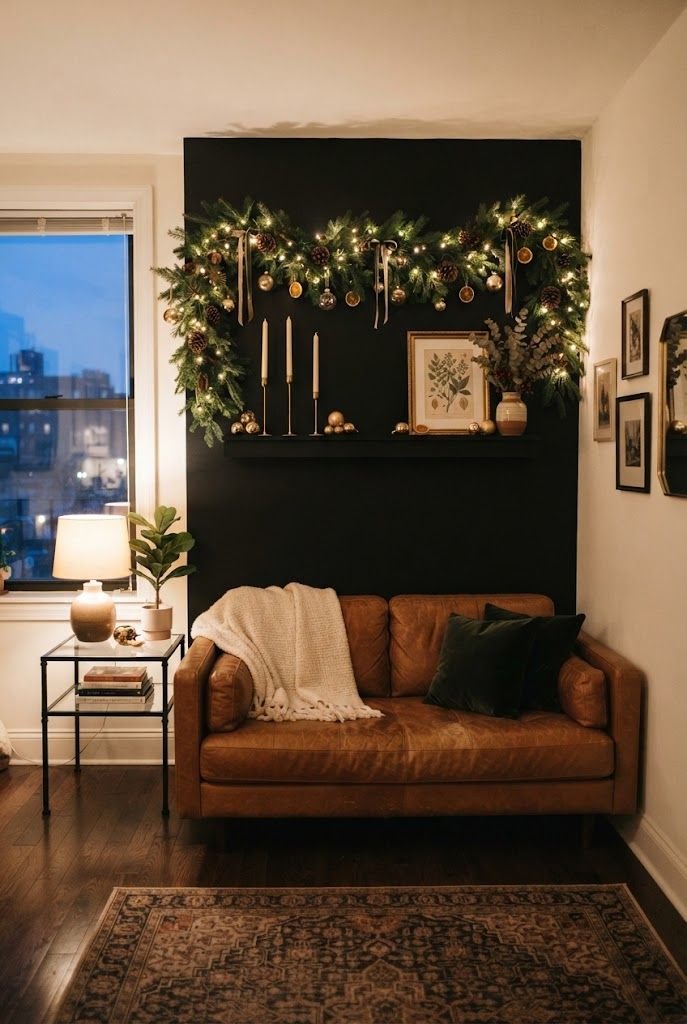Black wall with a black floating shelf mantel, lit green garland and brass candlesticks above a cognac leather sofa