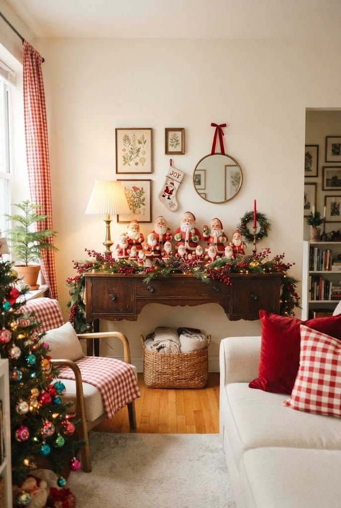 Vintage console styled as a mantel with a collection of thrifted Santa figurines and a red berry garland