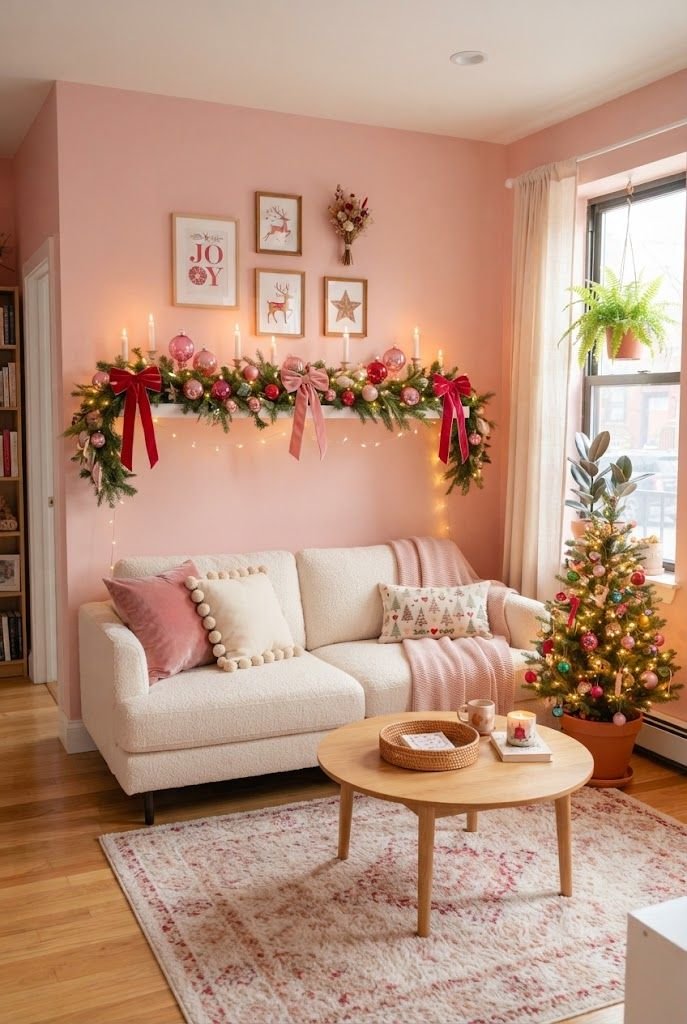 White shelf mantel with a green garland and red and pink velvet bows on a pink wall above a cream sofa