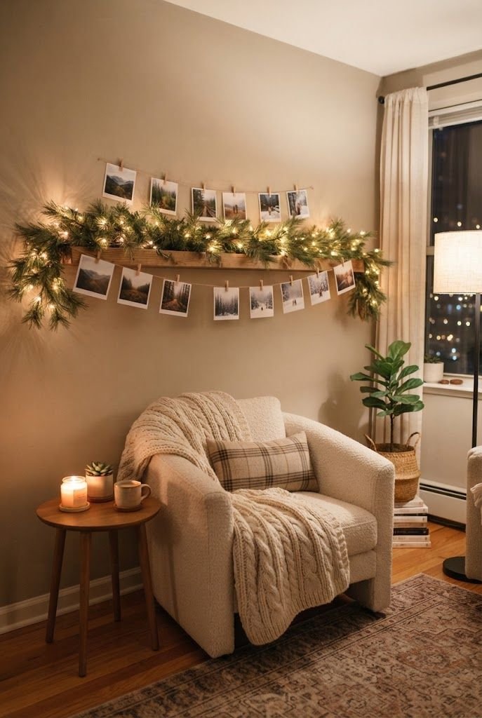 Lit pine garland on a wall shelf with photo prints clipped along it above a cream armchair with a knit throw