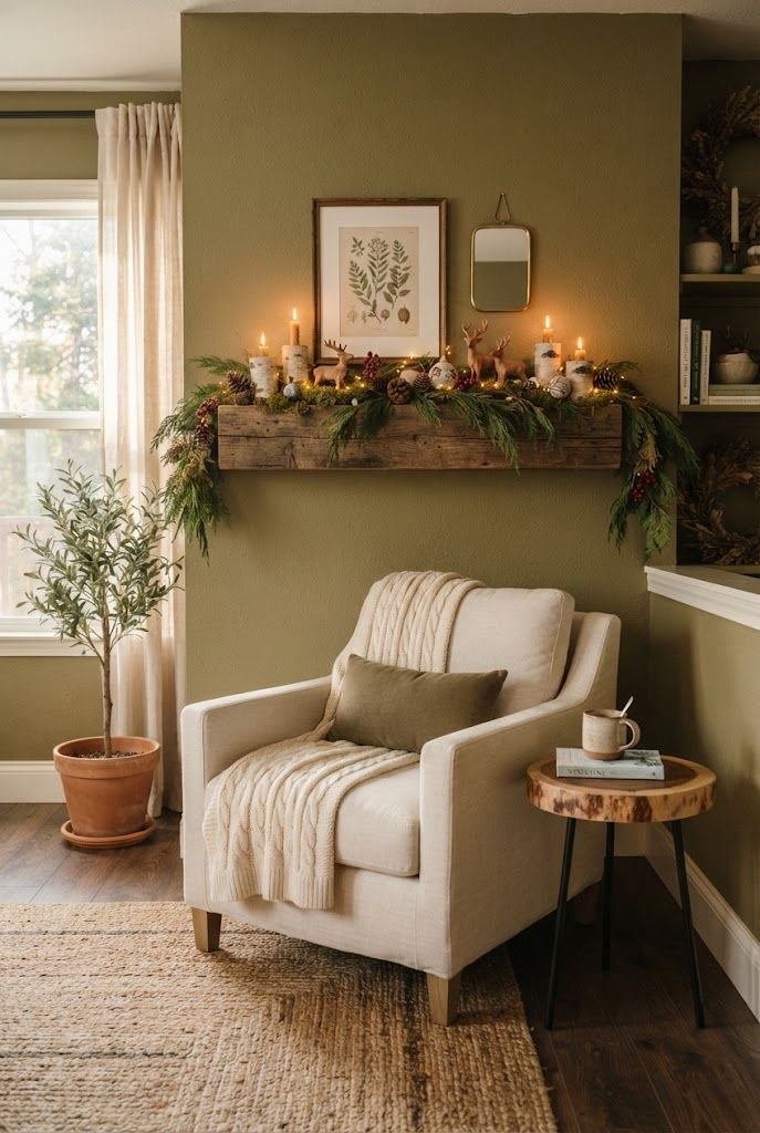 Reclaimed wood shelf styled as a woodland mantel with pinecones, moss and candles above a linen armchair on an olive wall
