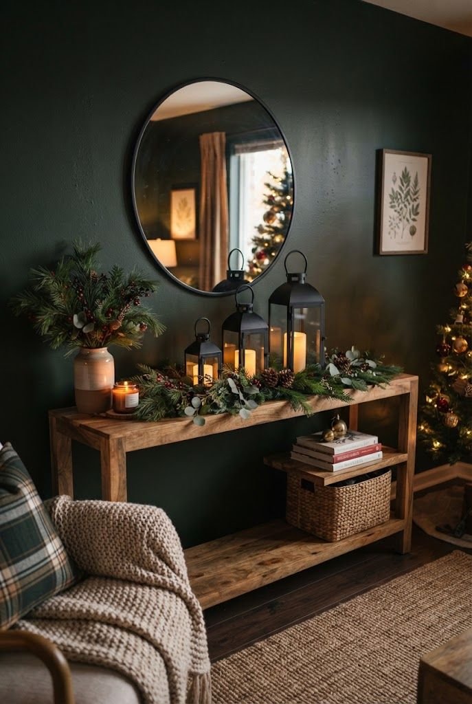 Three black lanterns with glowing candles and a greenery runner on a wood console below a round mirror, green walls