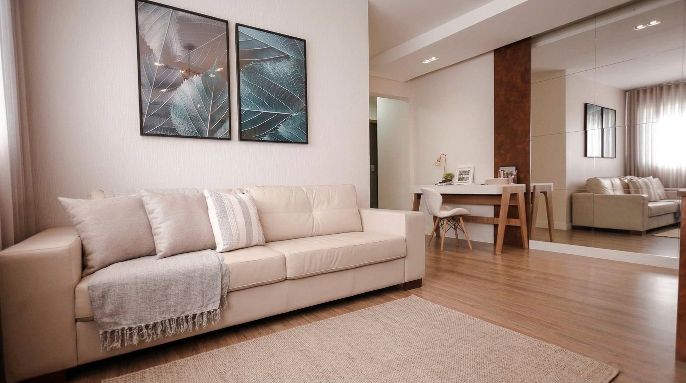 Cozy, warm living room in a small apartment decorated on a budget