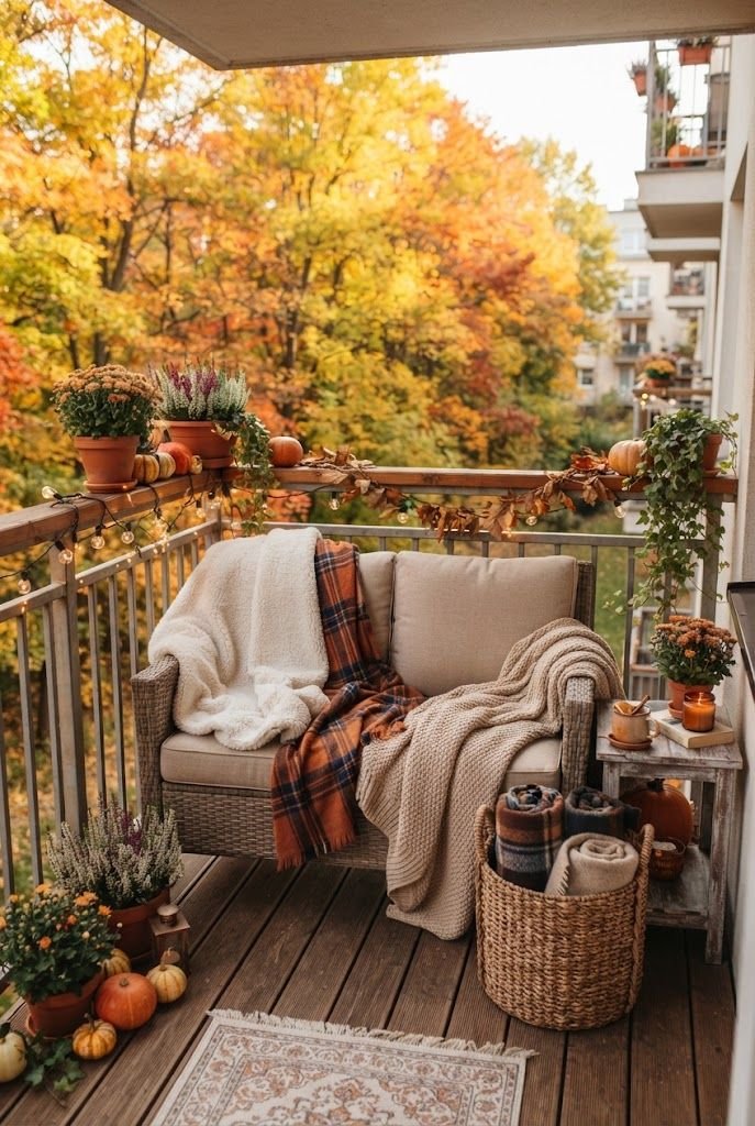 Cozy fall apartment balcony with a loveseat piled with sherpa and plaid blankets, mums and pumpkins, autumn trees