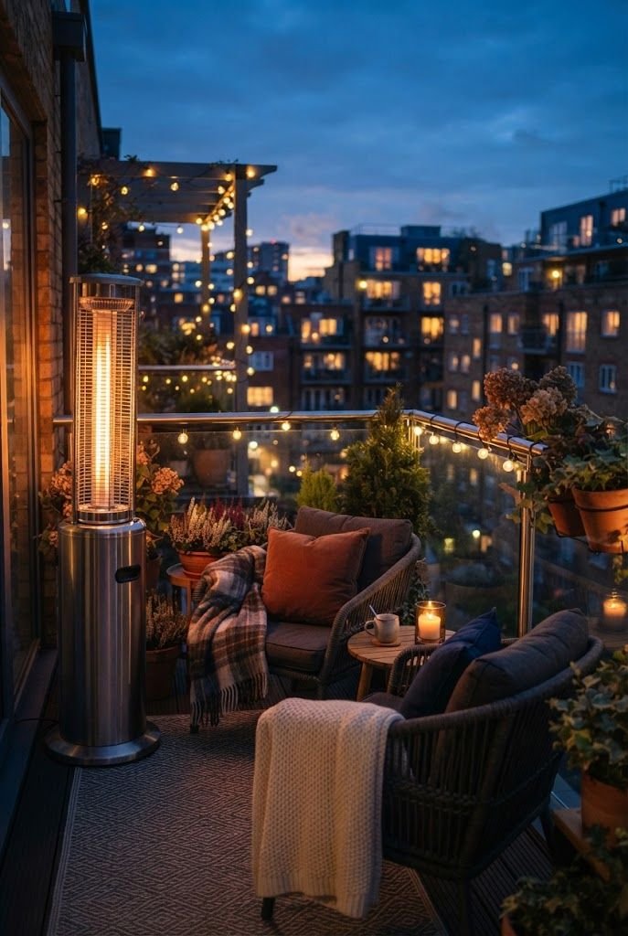 Glowing electric patio heater on a small apartment balcony at dusk with blanket-covered chairs and string lights