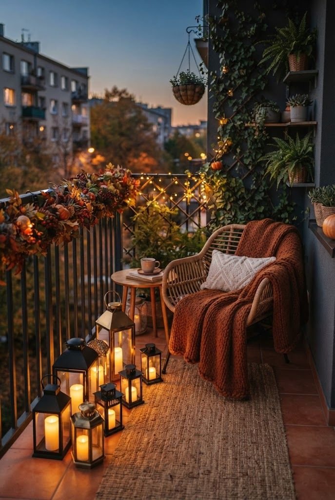 Cluster of black lanterns with glowing candles on a fall apartment balcony beside a rattan chair with a rust throw