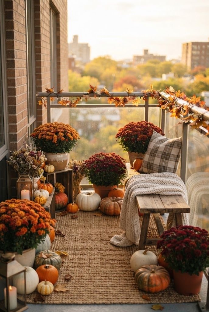 Apartment balcony in October with potted orange and burgundy mums, white and orange pumpkins and a wooden bench