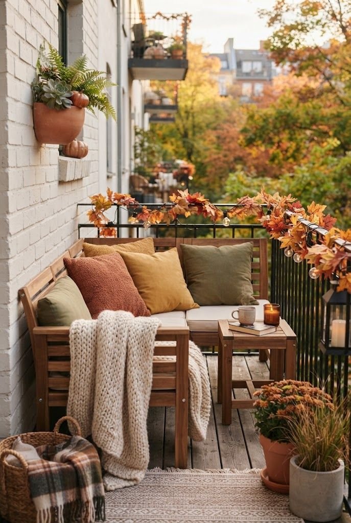 Teak balcony sofa with rust, mustard and olive cushions and a knit throw against autumn trees