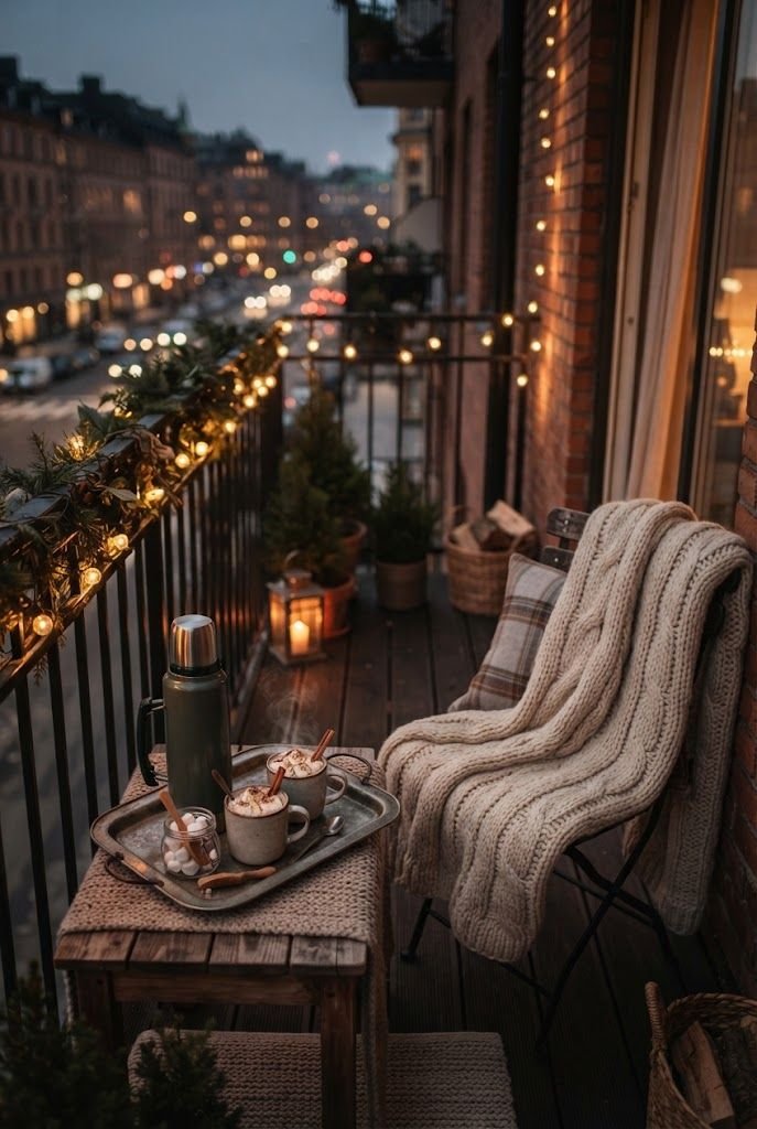 Tray with a thermos and mugs of hot cocoa on a small table beside a knit-draped chair on a balcony at dusk