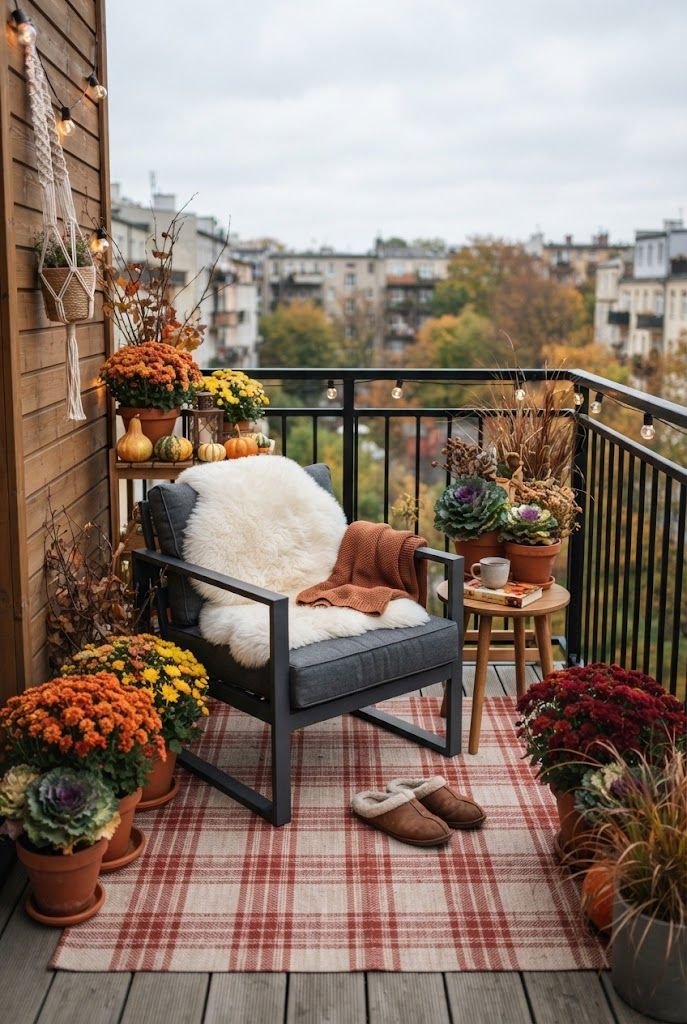 Red and cream plaid outdoor rug with slippers, a sheepskin chair and potted mums on a fall apartment balcony