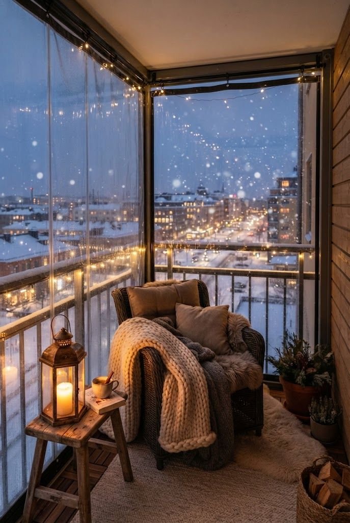 Balcony enclosed with clear vinyl curtains for winter with a blanket-draped chair, a glowing lantern and snowy city view