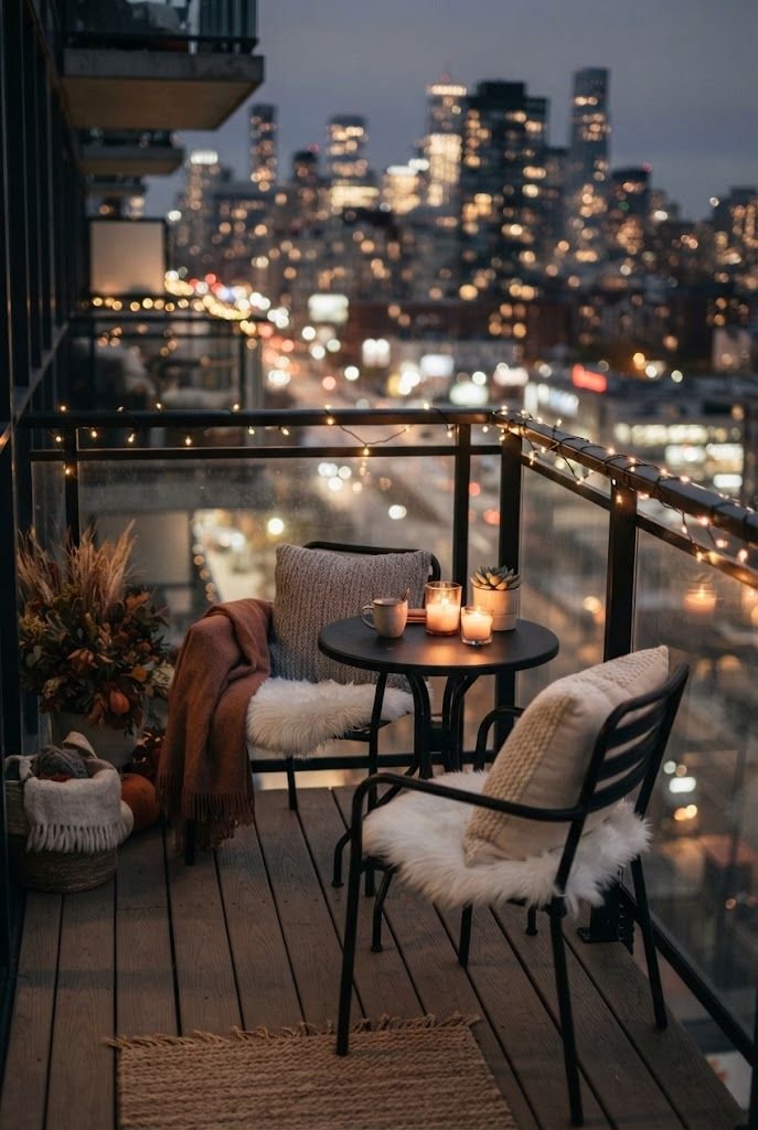 Black metal balcony chairs with white faux fur seat pads and a candlelit table overlooking city lights at night