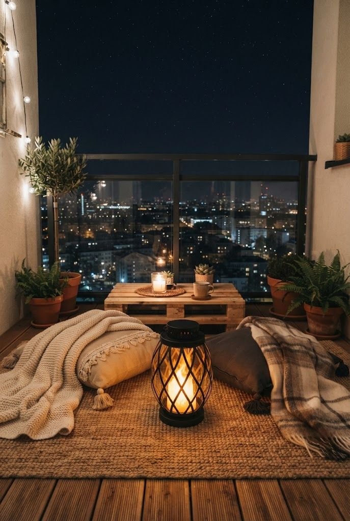 LED flame lantern glowing on a jute rug between floor cushions and blankets on a balcony at night