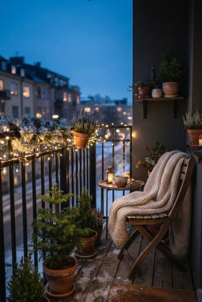Warm white string lights wrapped along a balcony railing with a knit-draped wooden chair and potted evergreens at twilight