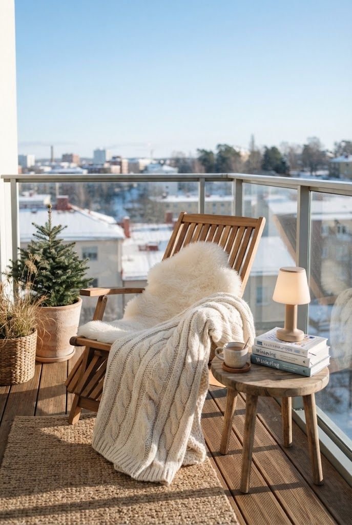 Wooden lounge chair with sheepskin and cable knit blanket, books and a cordless lamp on a sunny winter balcony