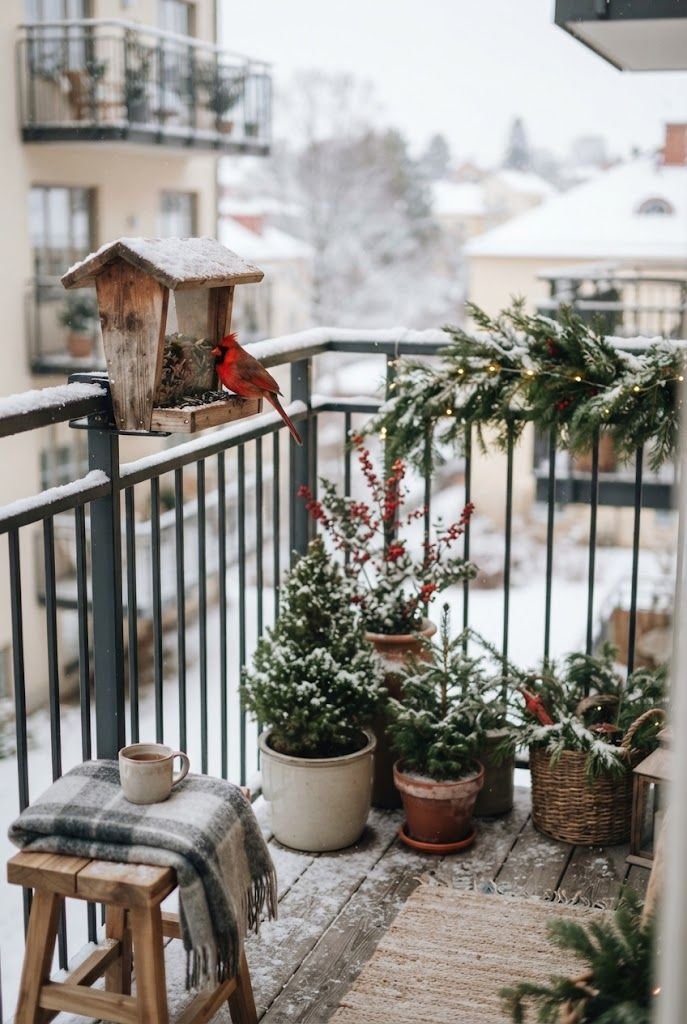 Wooden bird feeder with a red cardinal clipped to a snowy balcony railing beside potted evergreens