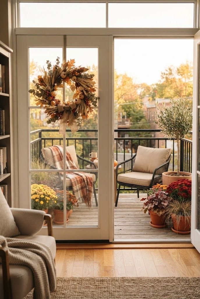 Fall wreath of leaves and wheat on a glass balcony door with plaid-draped chairs and mums outside