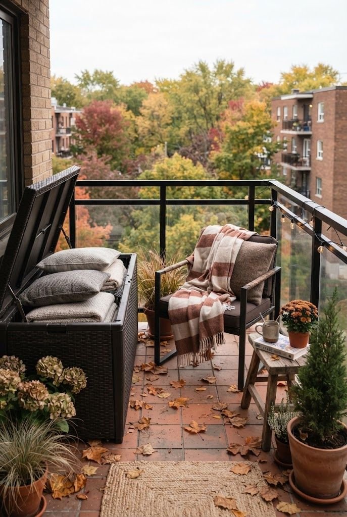 Outdoor wicker storage box holding cushions on a fall balcony with a plaid-draped chair and fallen leaves