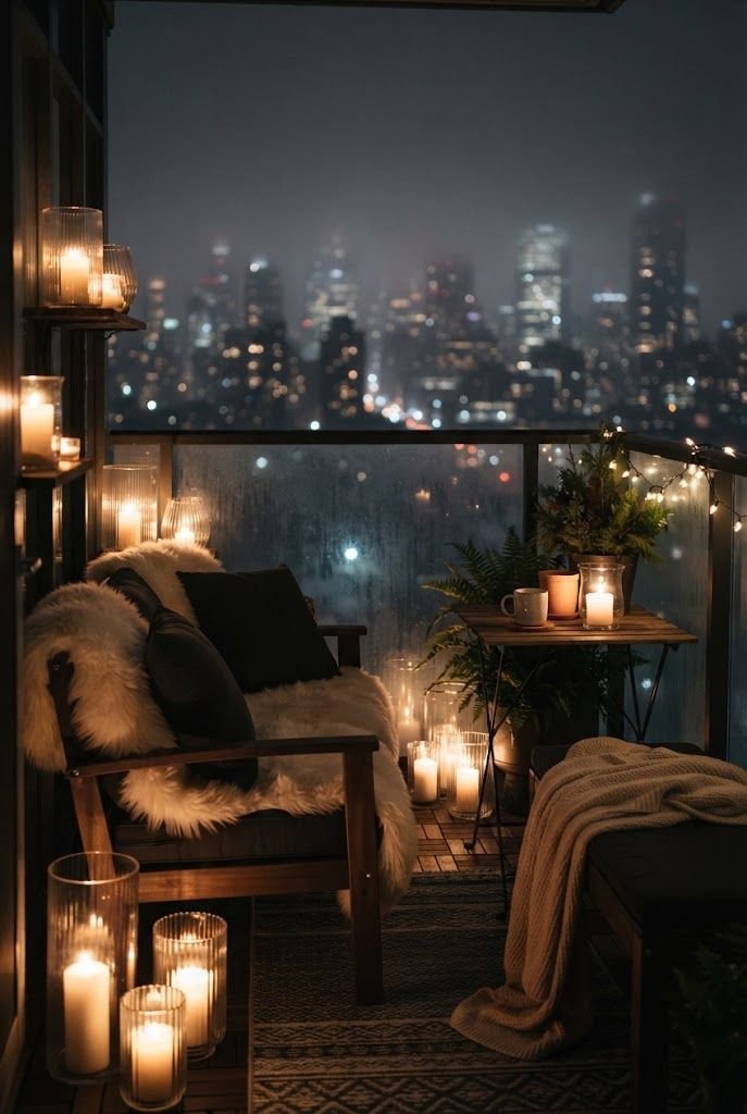 Moody winter night balcony with dark wood chairs, faux fur, charcoal pillows and glowing candles in hurricanes