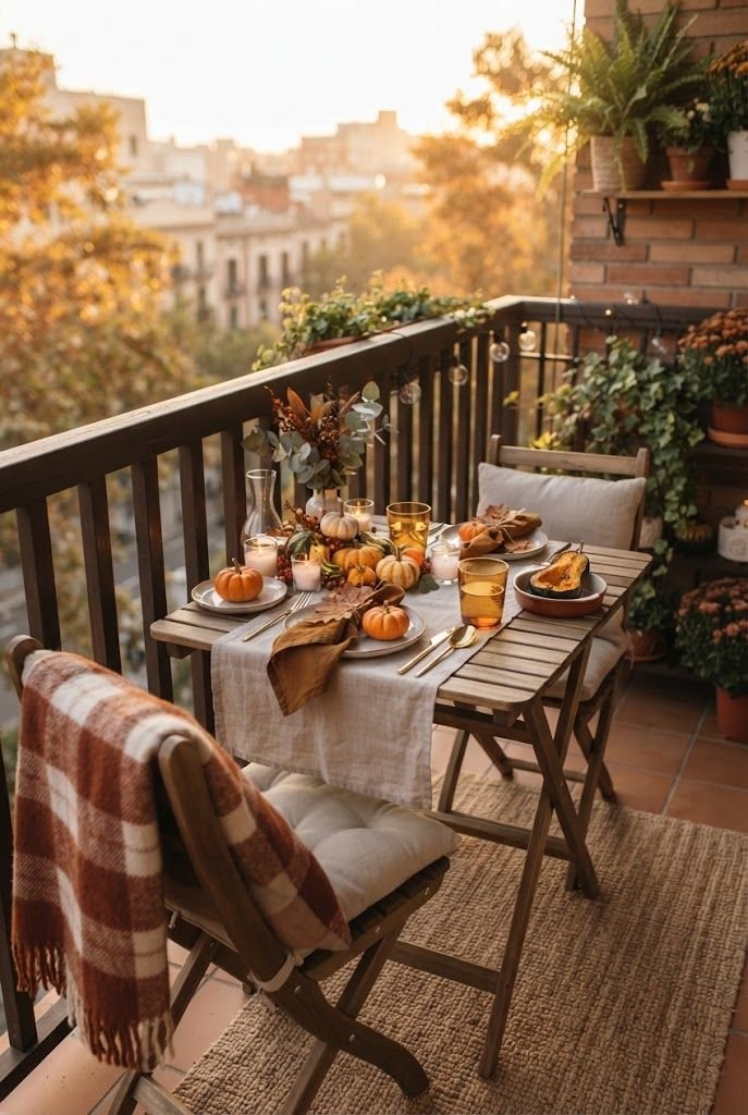 Small balcony table set for a Thanksgiving dinner for two with mini pumpkins and candles, plaid blanket on a chair
