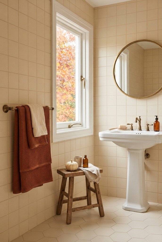 Rust and cinnamon waffle towels on a towel bar in a cream bathroom