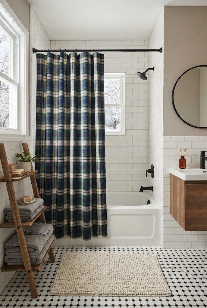 Navy and green plaid shower curtain in a white subway tile bathroom