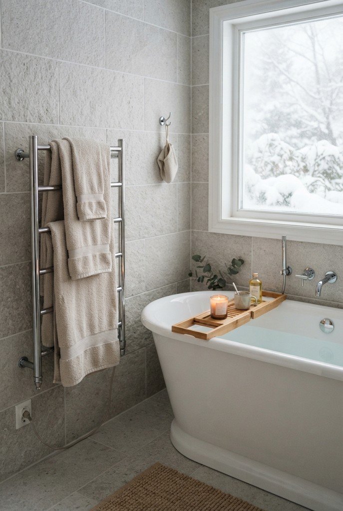 Freestanding heated towel rack with warm towels beside a tub