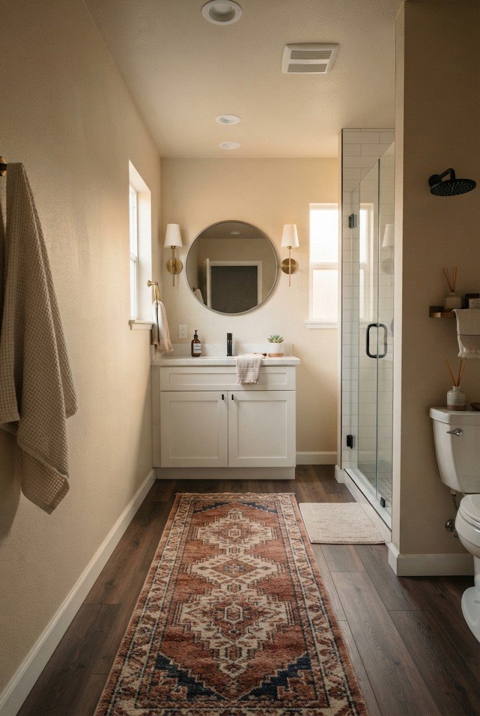 Plush washable runner on a dark wood floor in a long narrow bathroom