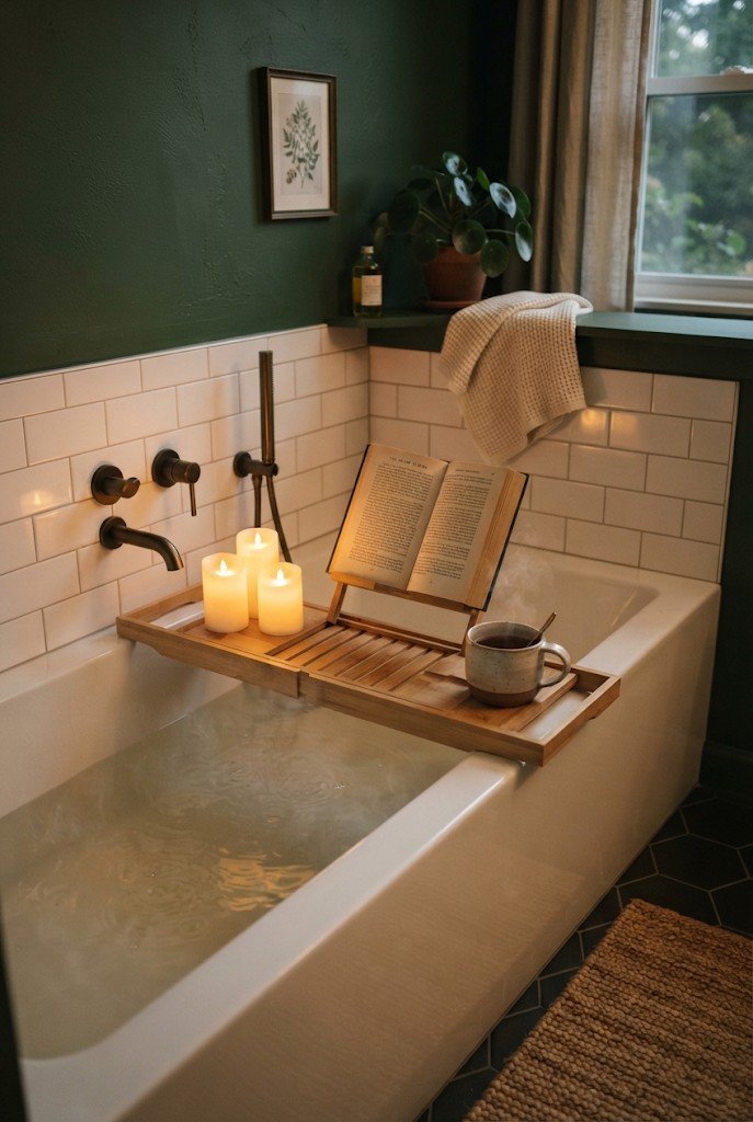 Bamboo bath tray with candles, book and tea across a bathtub at night