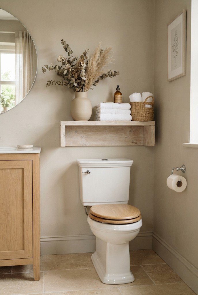 Dried eucalyptus and pampas grass in a ceramic vase on a bathroom shelf