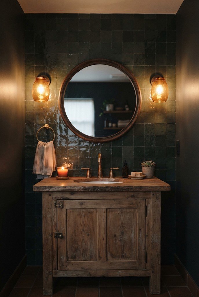 Amber glass sconces with warm light beside a bathroom mirror