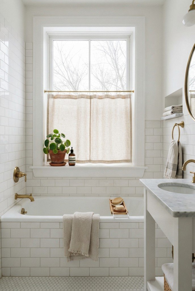 Linen café curtain on a tension rod over a bathroom window