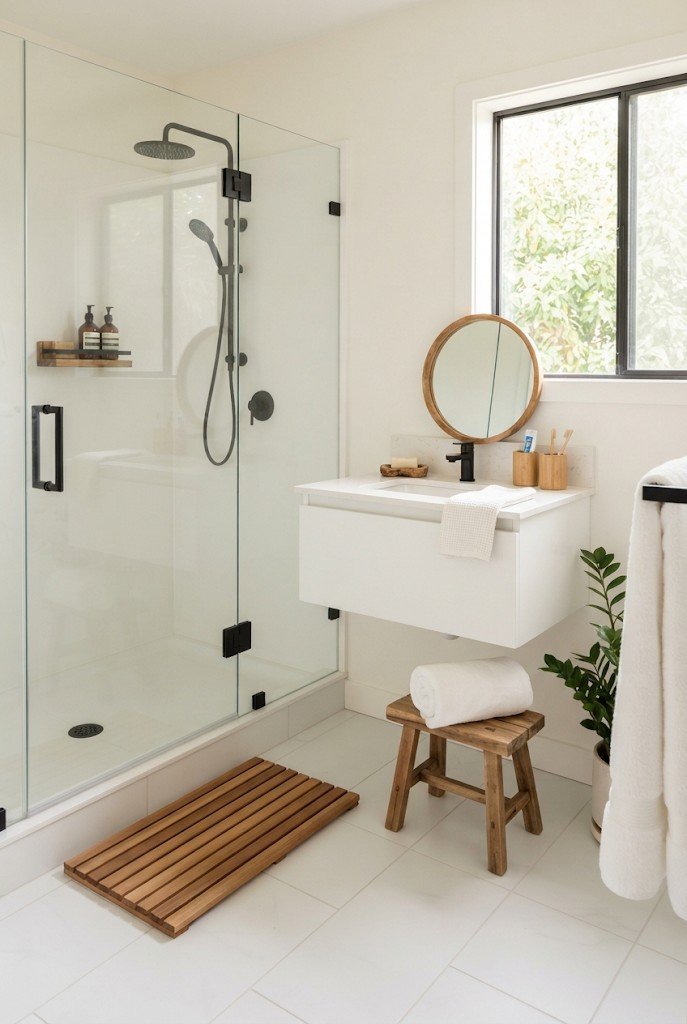 Teak bath mat and wooden accessories in a white bathroom