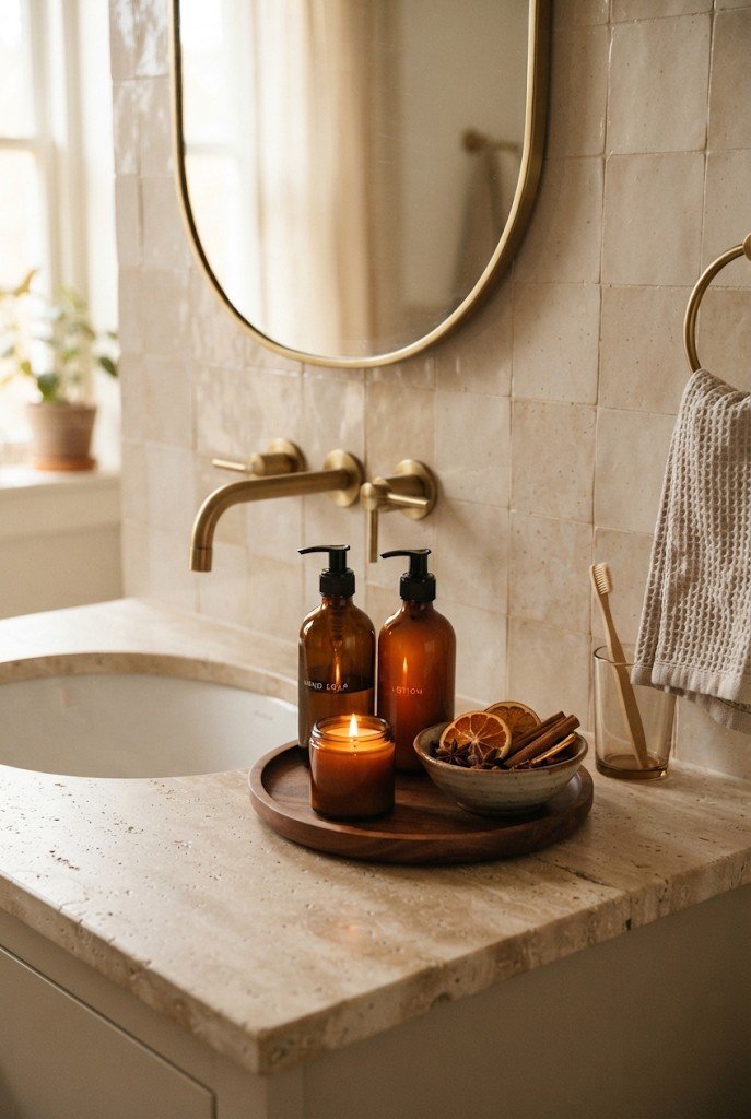 Amber glass soap and lotion bottles on a wooden tray by the sink