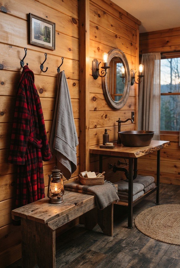 Plaid robe and towel on iron hooks against knotty pine wall in a cabin-style bathroom