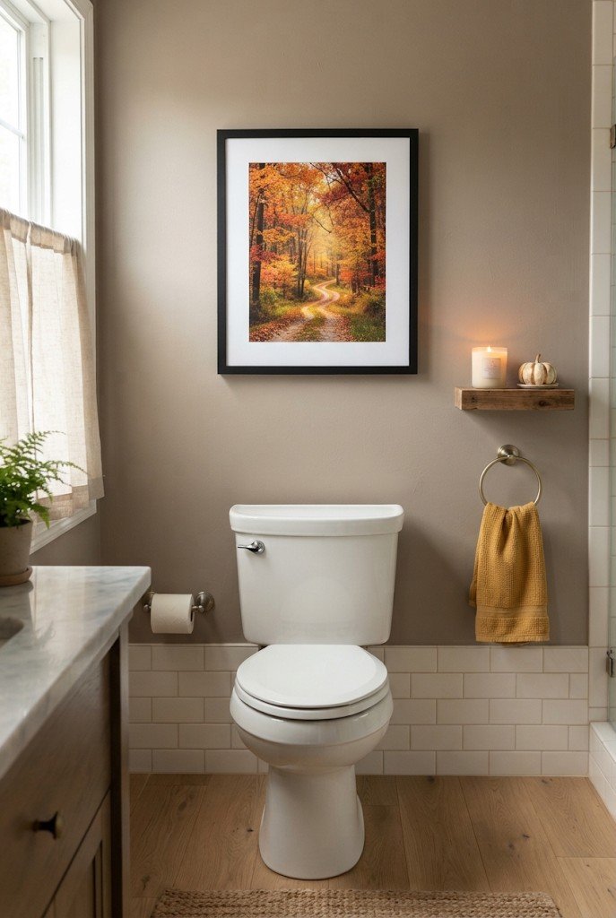 Framed autumn landscape print above a toilet in a cozy bathroom