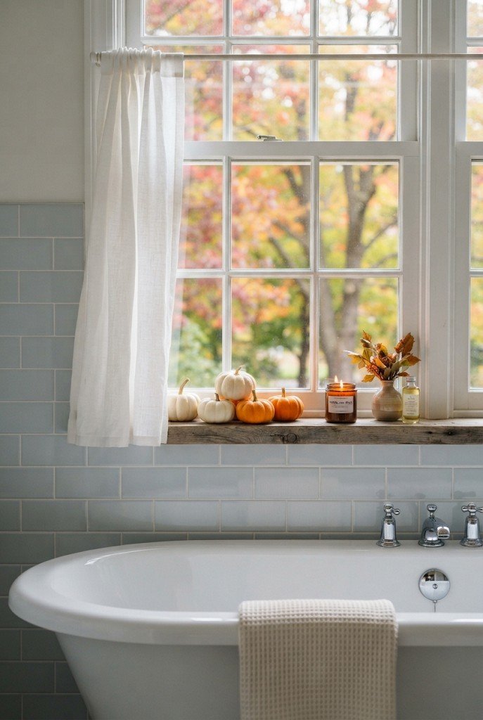 Mini white and orange pumpkins on a bathroom windowsill