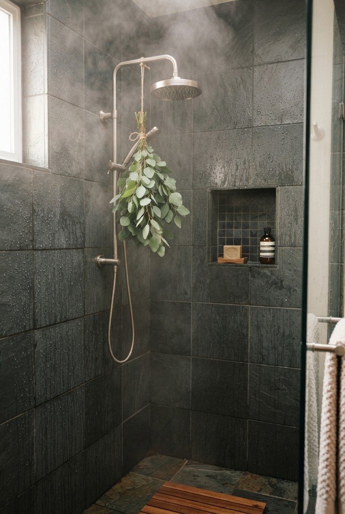 Fresh eucalyptus bundle tied to a shower head