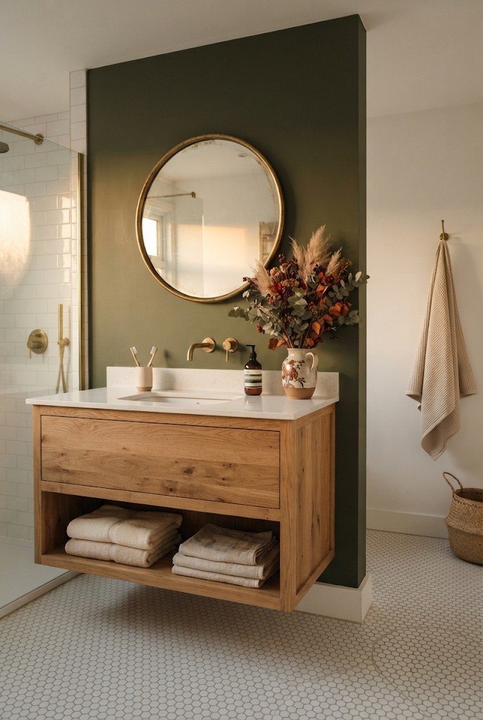 Dark olive green painted bathroom wall with brass mirror and wood vanity