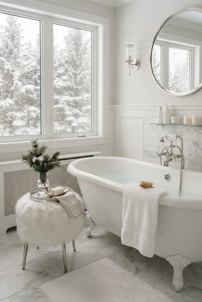 Winter white bathroom with a faux fur stool and silver accents