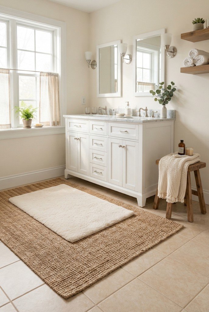 Layered jute and wool bath mats in front of a vanity