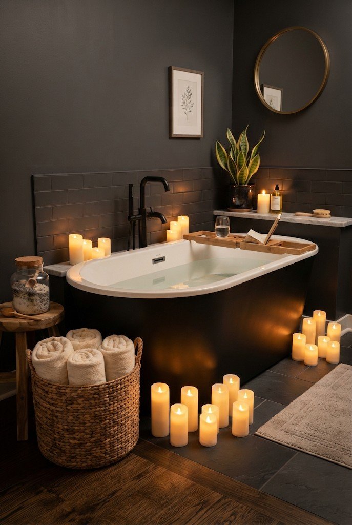 Cozy spa night bathroom setup with candles, towels and bath salts