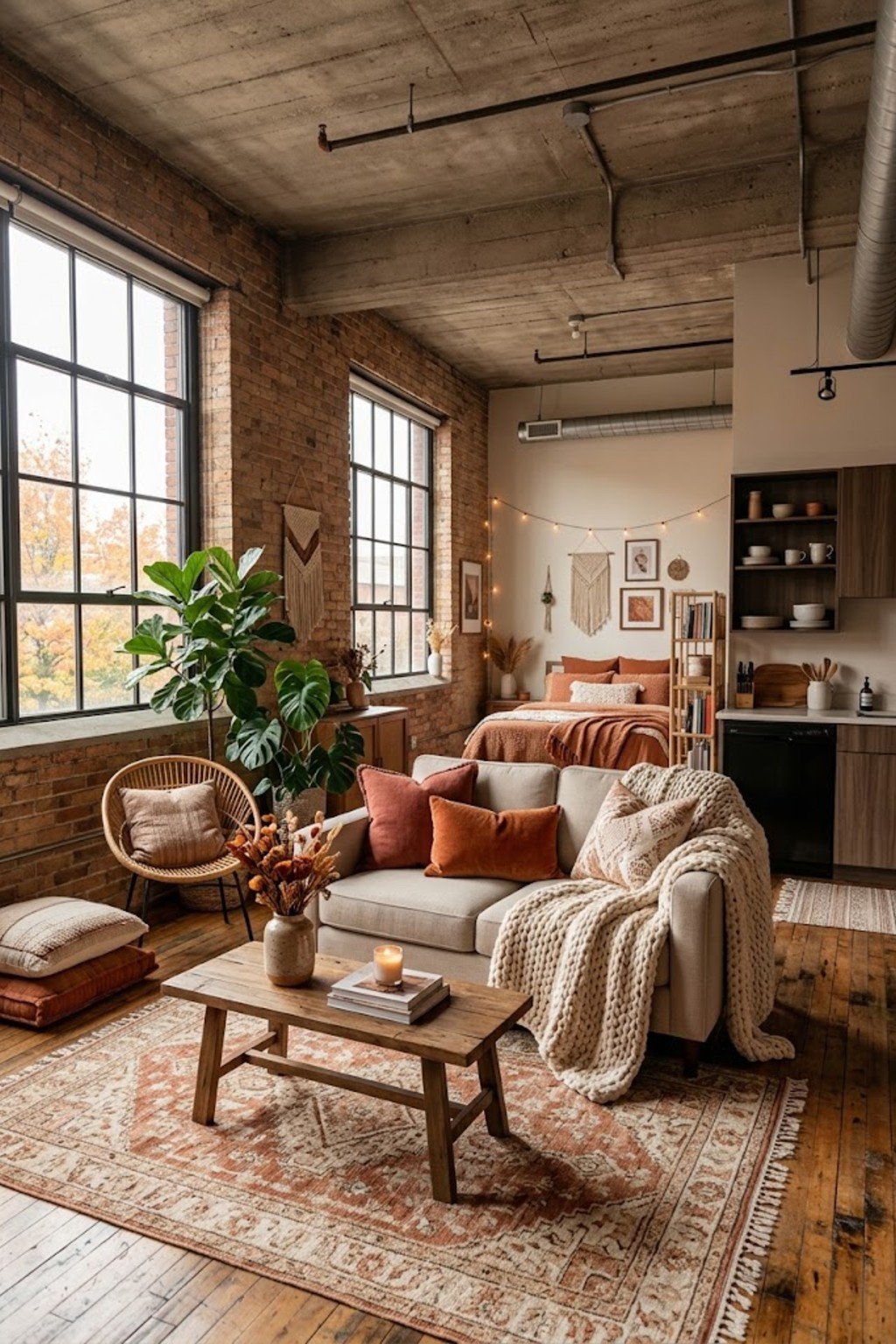 Layer a chunky knit throw in a small studio apartment