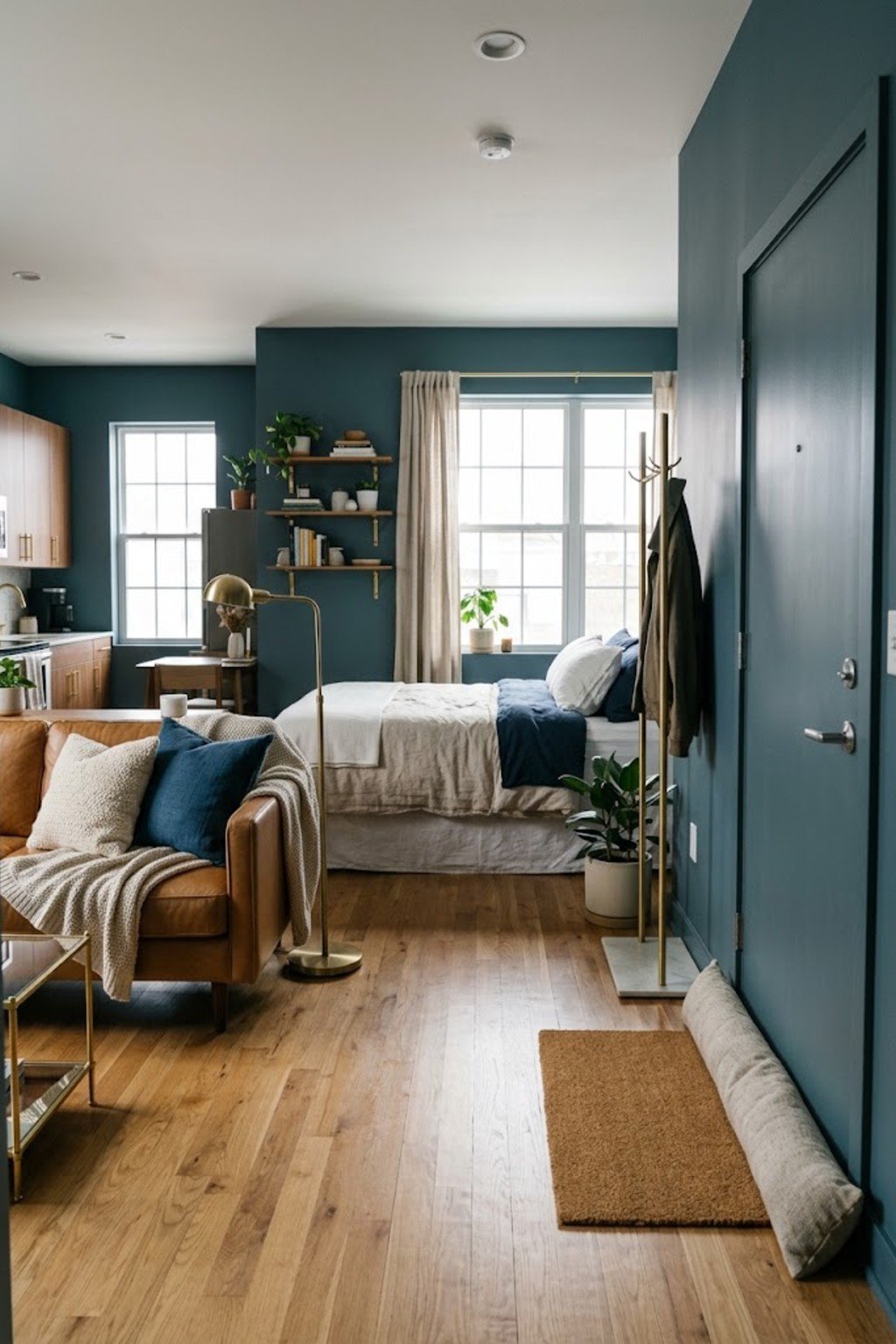 Use a draft stopper at the door in a small studio apartment