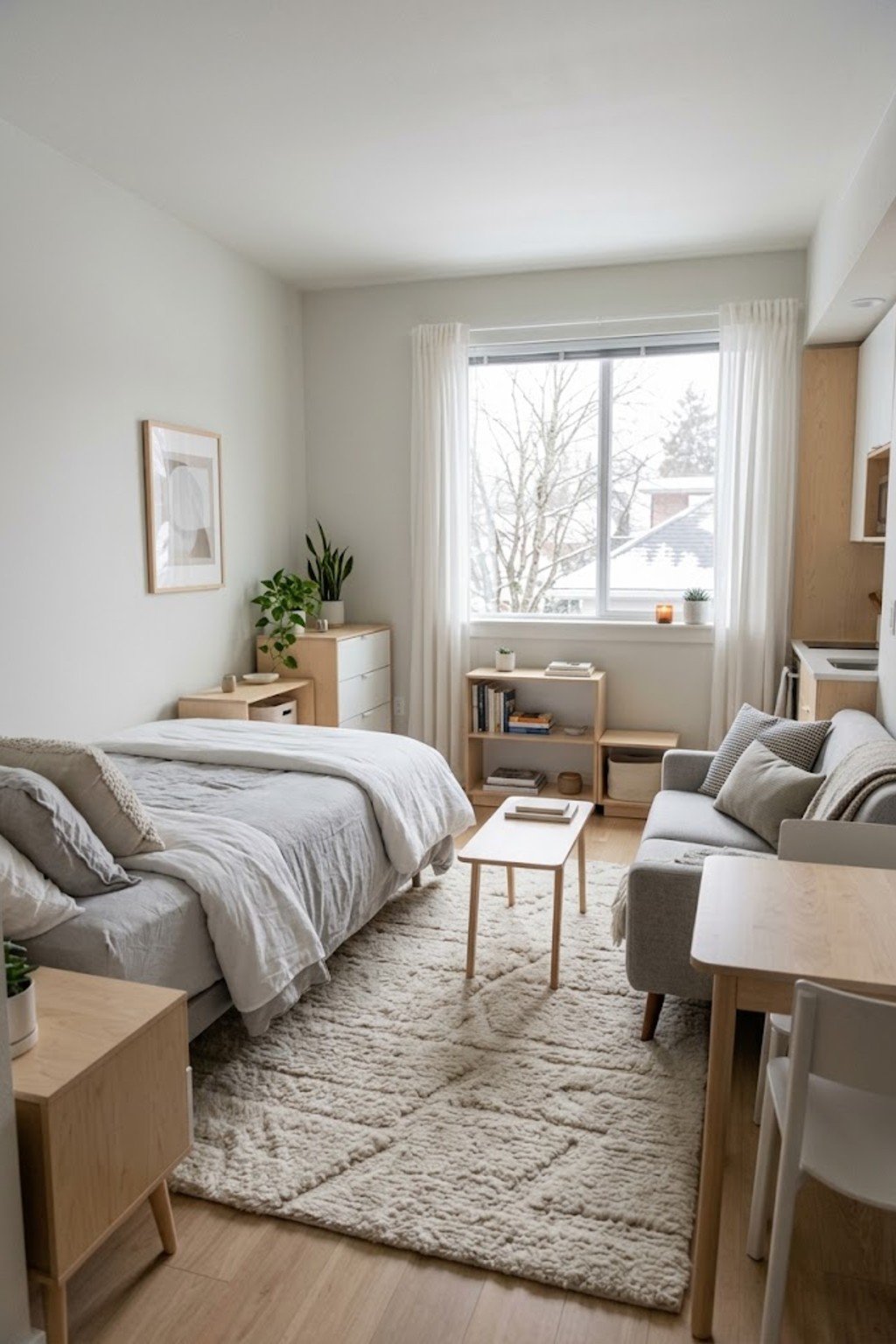 Layer a wool or shag rug in a small studio apartment