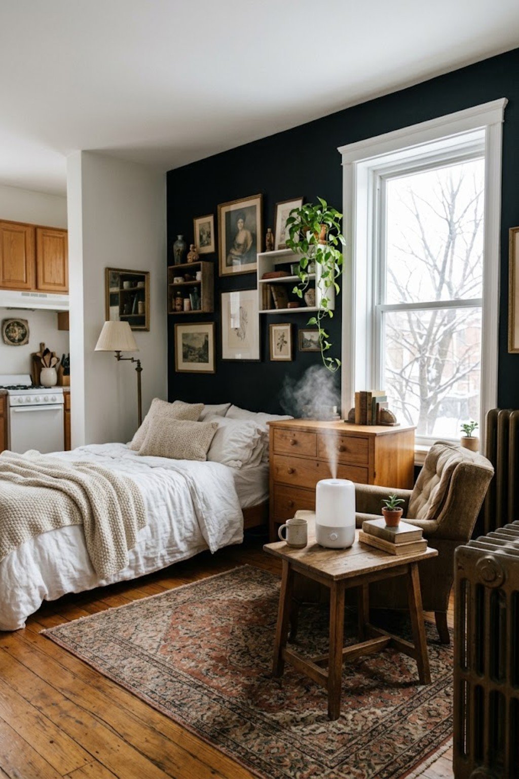Add a humidifier for dry winter air in a small studio apartment