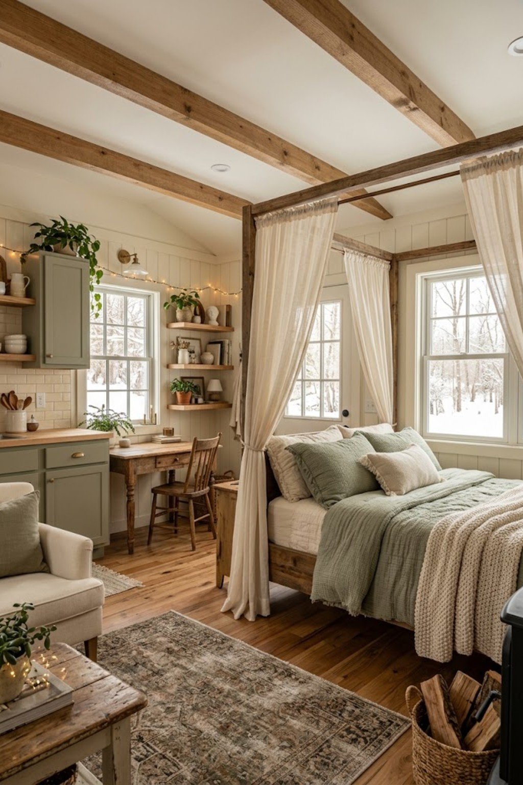 Use a bed canopy or curtains for warmth in a small studio apartment