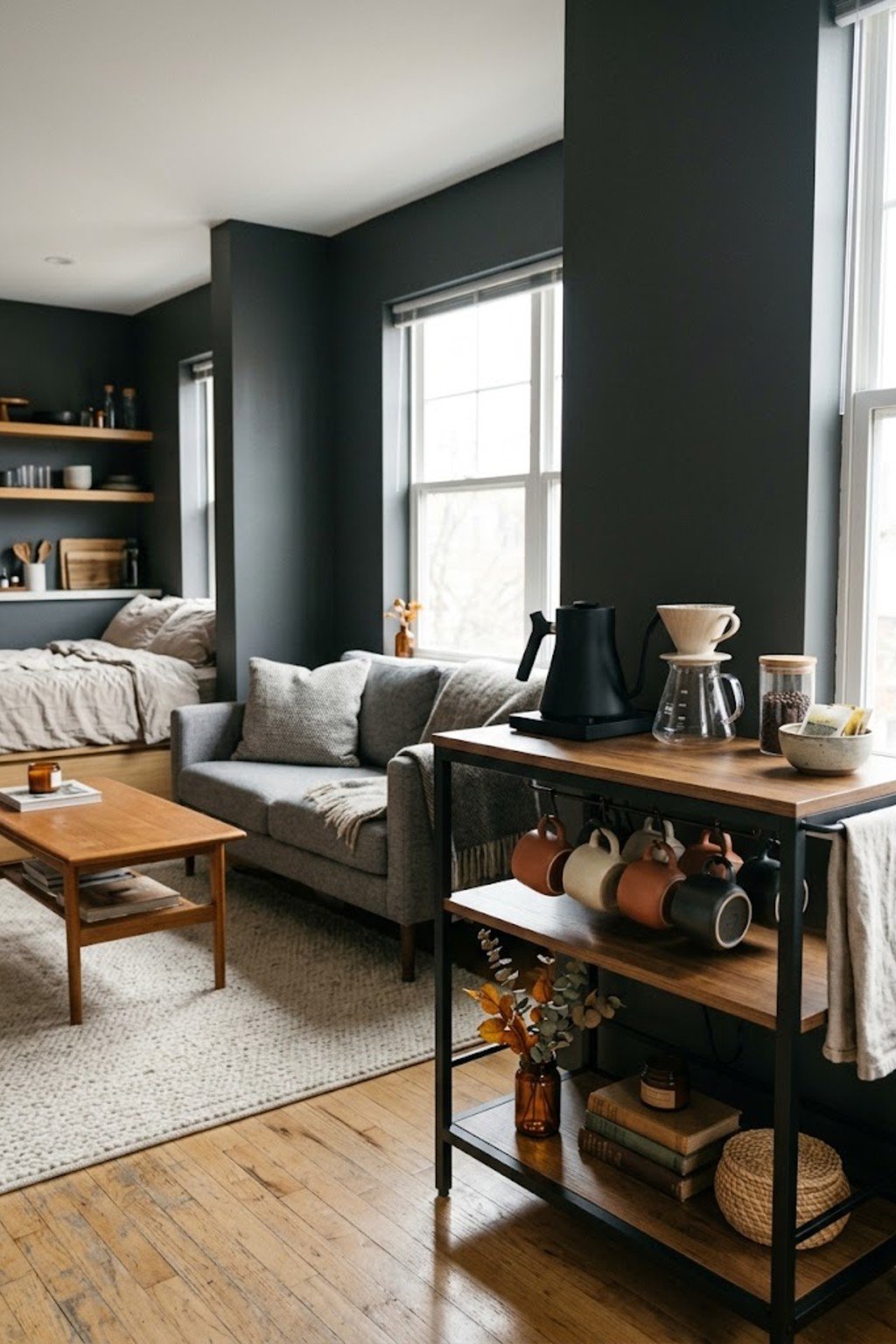 Set up a hot drink station in a small studio apartment
