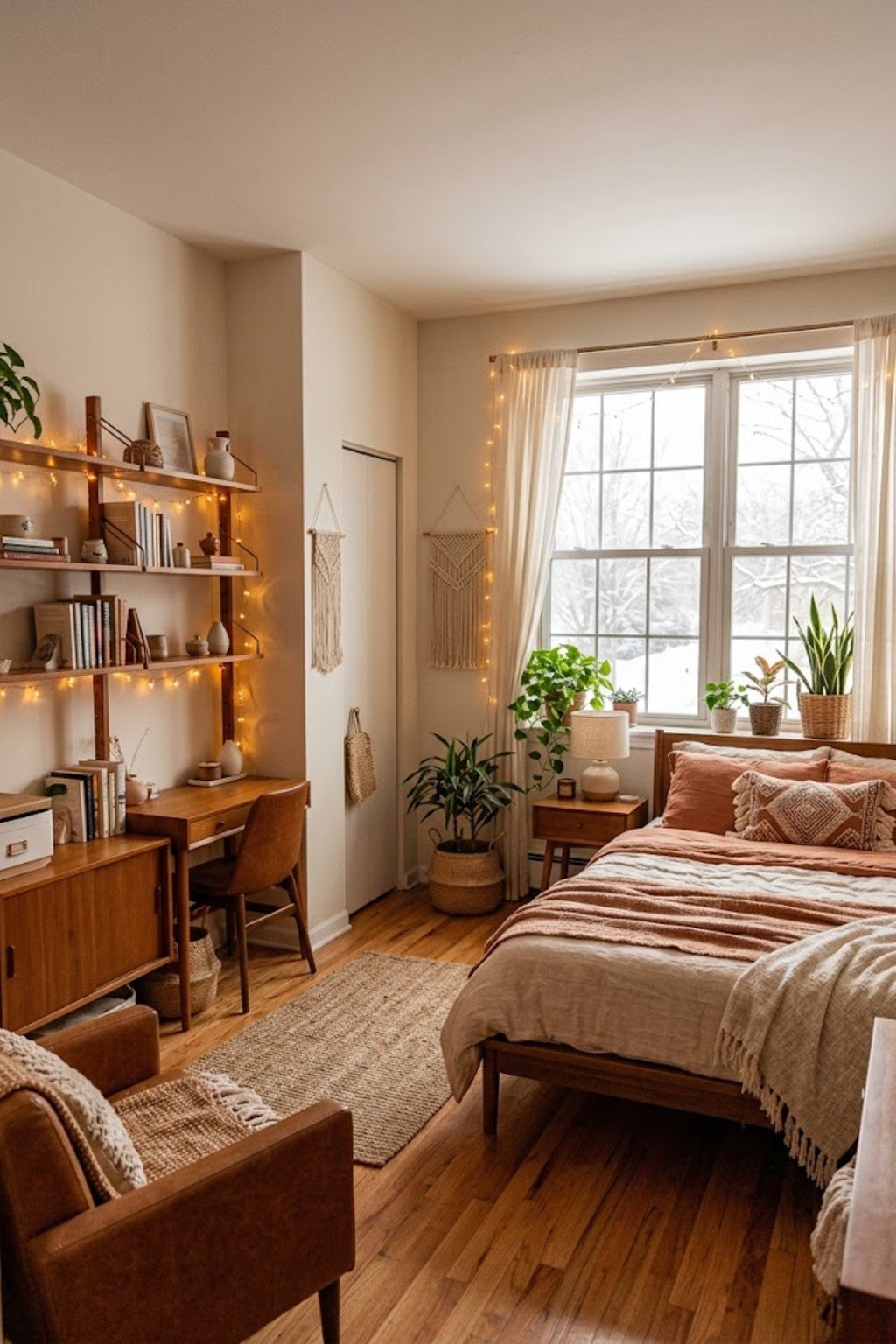Light a string of fairy lights in a small studio apartment