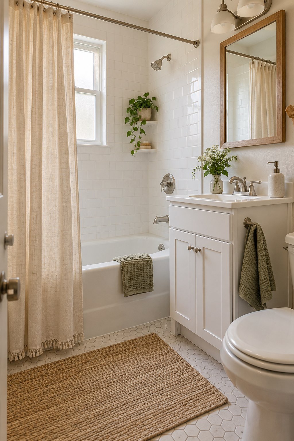 Compact white bathroom with ivory curtain, sage towels and a small vanity